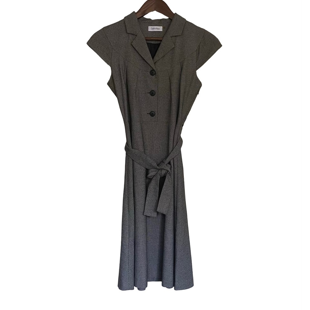 Calvin Klein Womens Grey Micro Pattern Belted A-line Cap Sleeve Dress 4